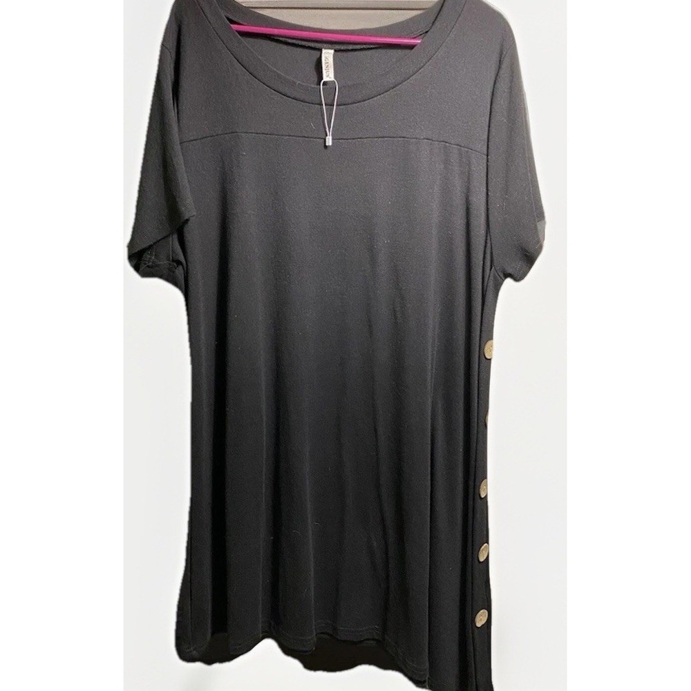 IGENJUN Women Black Short Sleeve Side Button Tunic Top Scoop Neck 2XL DR-907‎